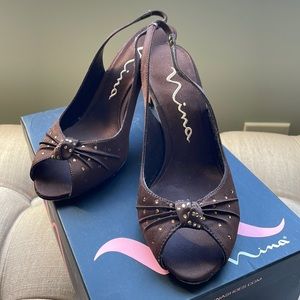 Formal Heels Nina Chocolate brown satin rhinestone shoes